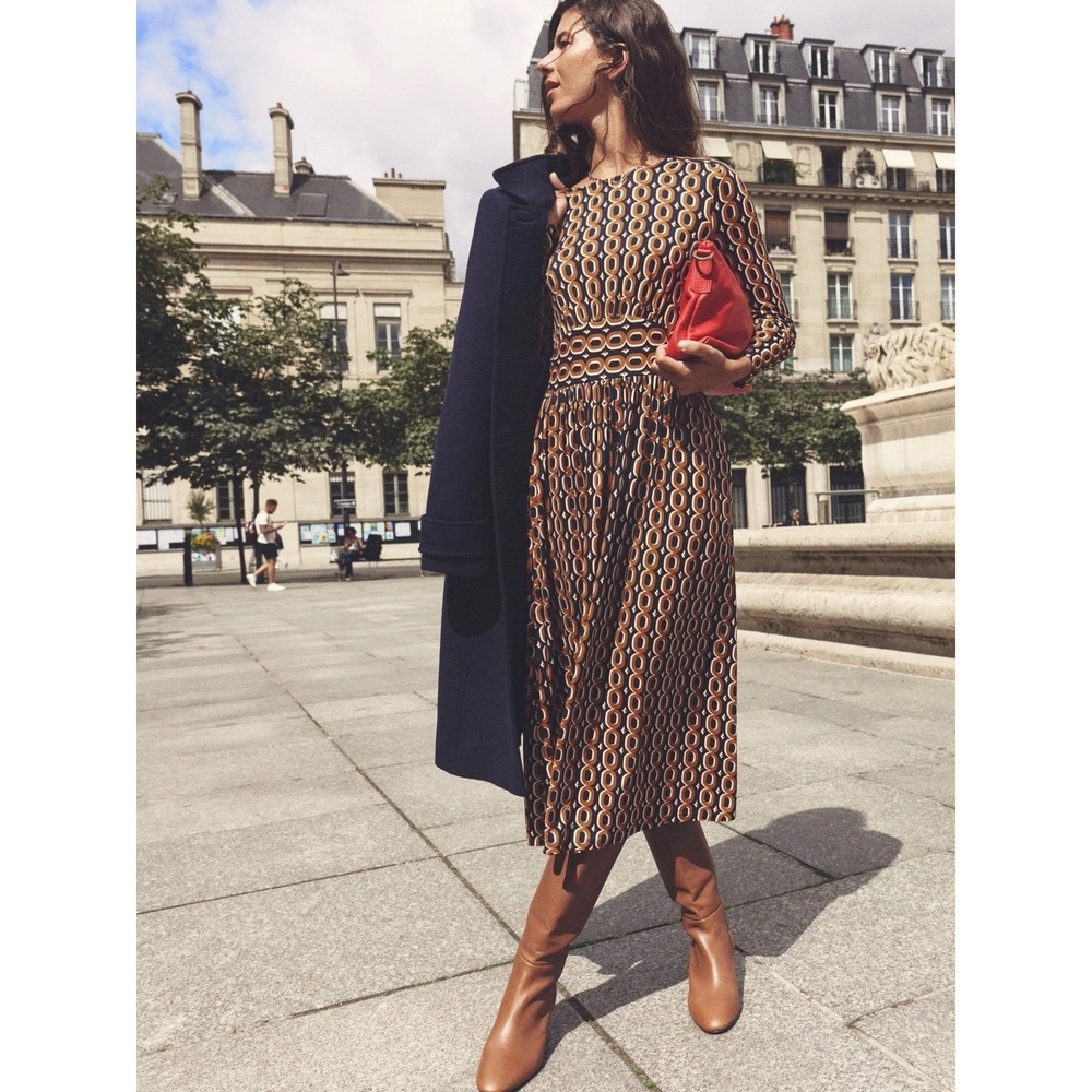 BODENโ Women's Thea Midi Dress Mustard 4R Geometric Jersey Long Sleeve D1059